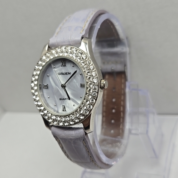 Womens Gruen Pave Crystal Lavender Watch Silver MOP Purple Leather New Battery - Picture 2 of 12